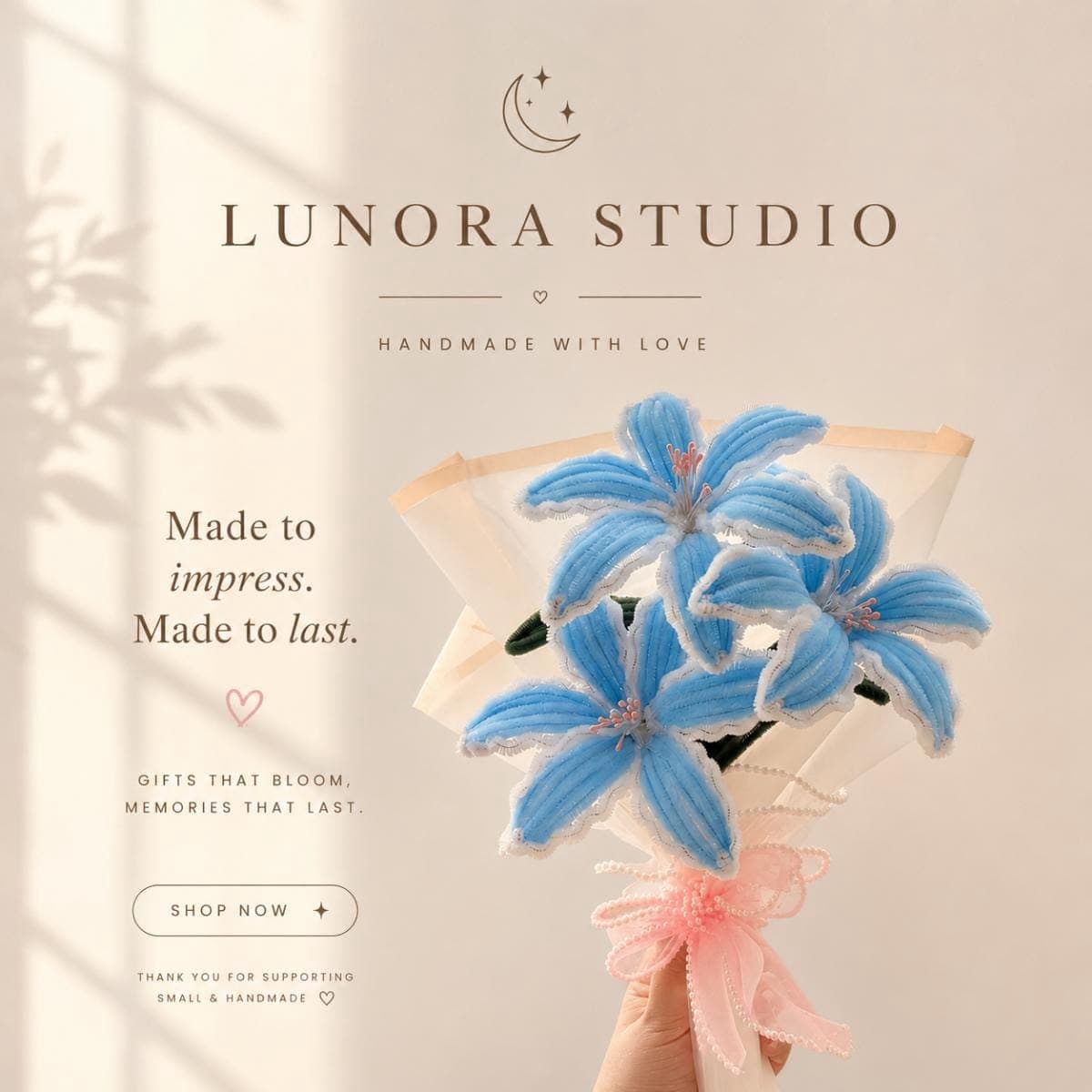 Handcrafted pipe-cleaner flower bouquet — Blue Elegance by The Lunora Studio